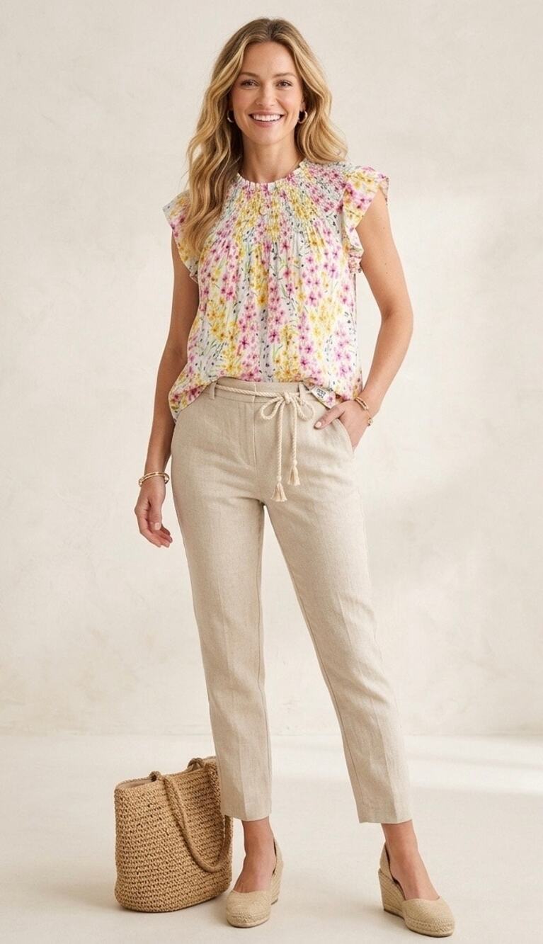Crown & Ivy Smocked Neck Ruffle Sleeve Blouse.
